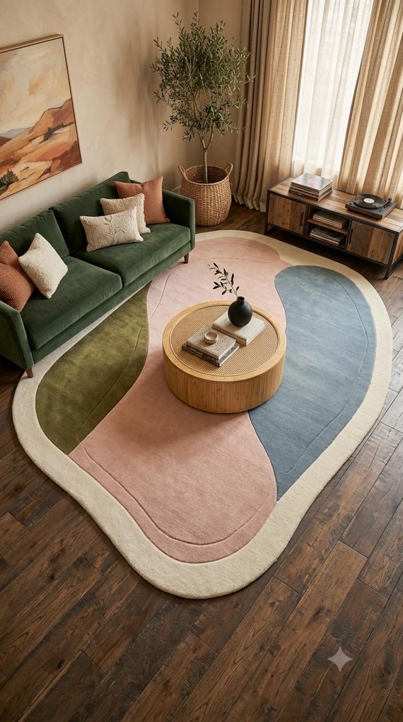 Sage Muted Rug Hand-tufted Wool Rug, Abstract Organic Shape, Scandinavian Area Carpet ...