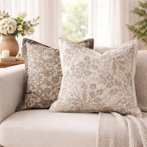 Pack of 2 18x18 Decorative Pillow Covers – Khaki Botanical Pattern, Farmhouse Boho Style for Couch or Bed