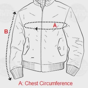 May include: Line drawing of a jacket with measurement labels. The diagram shows how to measure the chest circumference and sleeve length. The jacket has a zipper closure, two pockets, and ribbed cuffs.