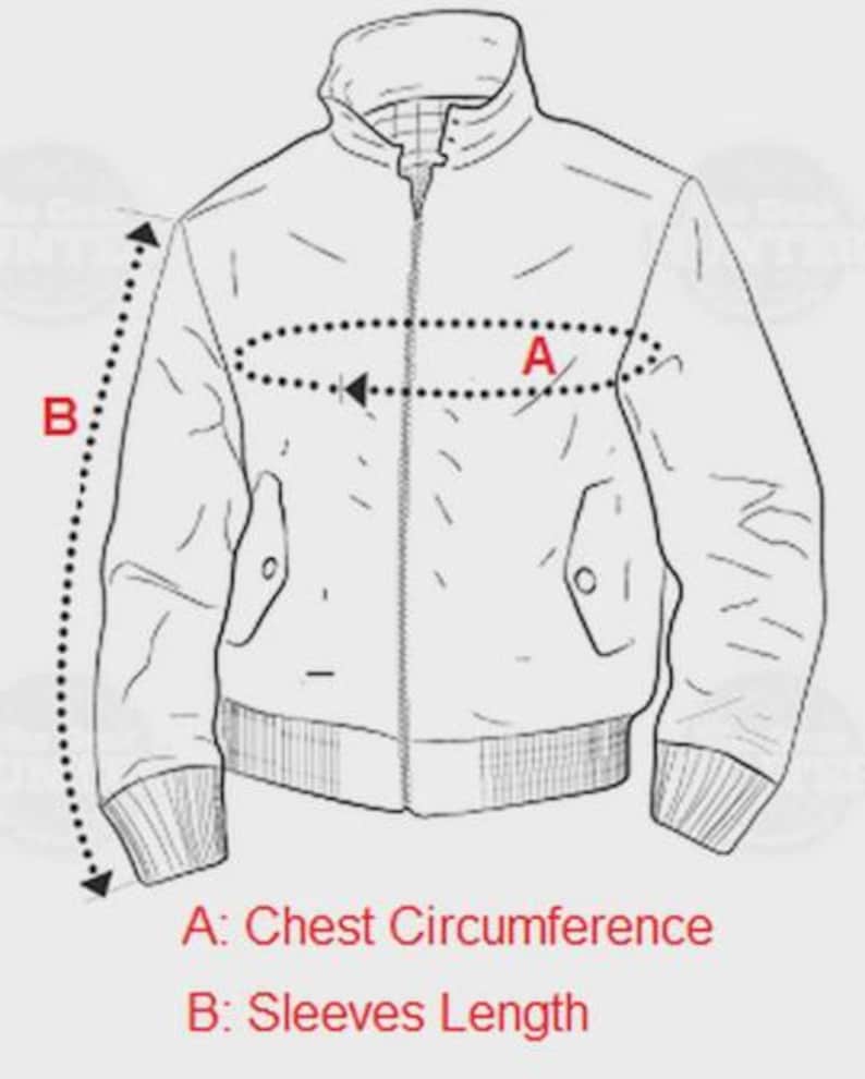 May include: Line drawing of a jacket with measurement labels. The diagram shows how to measure the chest circumference and sleeve length. The jacket has a zipper closure, two pockets, and ribbed cuffs.
