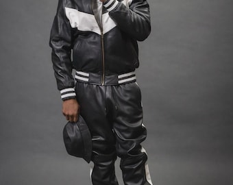 Men's Black & White Leather Tracksuit Set: Striped Jacket and Pants Western Style BRAYDEN