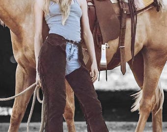 Handmade Fringed Suede Leather Riding Chaps, Western Wear