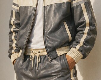 Men's Genuine Leather Tracksuit Set: Gray Cream Striped Jacket and Pants Sweatsuit