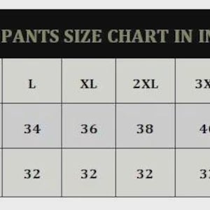 May include: A size chart for men's pants, displaying waist and inseam measurements in inches. The chart includes sizes from XS to 7XL, with waist sizes ranging from 28 to 48 inches and inseam at 32 inches.