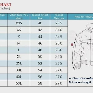 May include: A men's size chart with measurements in inches. The chart includes chest size, jacket size, and sleeve length, with a diagram illustrating how to measure chest circumference and sleeve length.