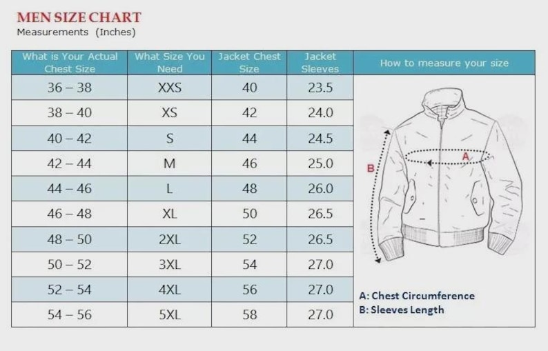 May include: A men's size chart with measurements in inches. The chart includes chest size, jacket size, and sleeve length, with a diagram illustrating how to measure chest circumference and sleeve length.