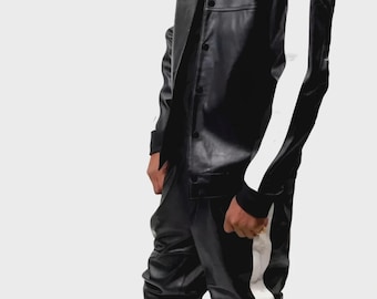 Men's Genuine Leather Tracksuit Set: Black & White Striped Jacket and Pants Sweatsuit