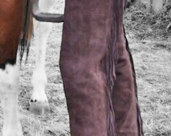 Handmade Fringed Suede Leather Western Chaps, Rodeo Riding Wear