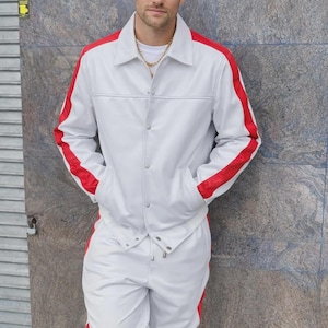 Men's BRAYDEN White & Red Leather Tracksuit Set: Striped Jacket and Pants Western Style image 1