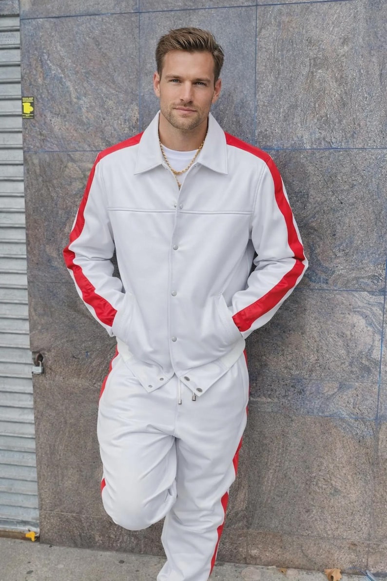Men's BRAYDEN White & Red Leather Tracksuit Set: Striped Jacket and Pants Western Style image 1