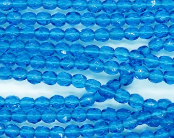 50 beads) 4mm Czech Firepolish Faceted Round Beads Capri Blue