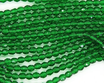 50 beads) 4mm Czech Firepolish Faceted Round Beads Emerald Green
