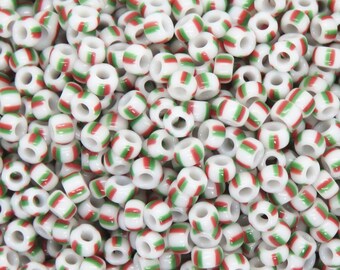 11 grams) 8/0 Toho Seed Beads #L3-105 Red and Green Striped White