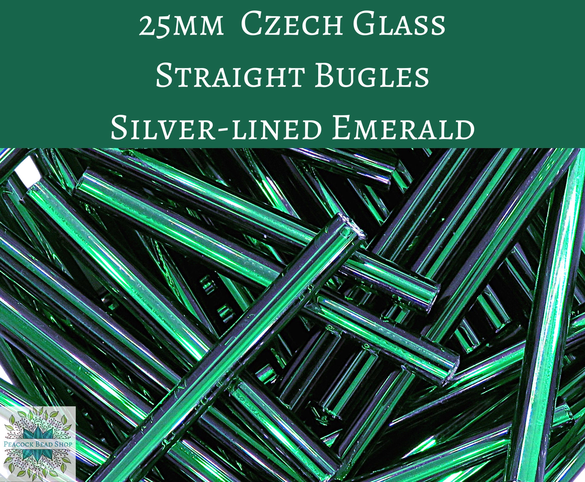 Czech Bugle Beads 40 gr / 1.4 oz Emerald Green Glass Tube Size #3 7mm