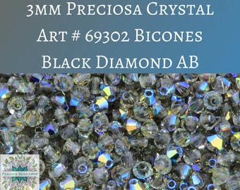 50 beads) 3mm Preciosa Crystal Bicones Black Diamond AB