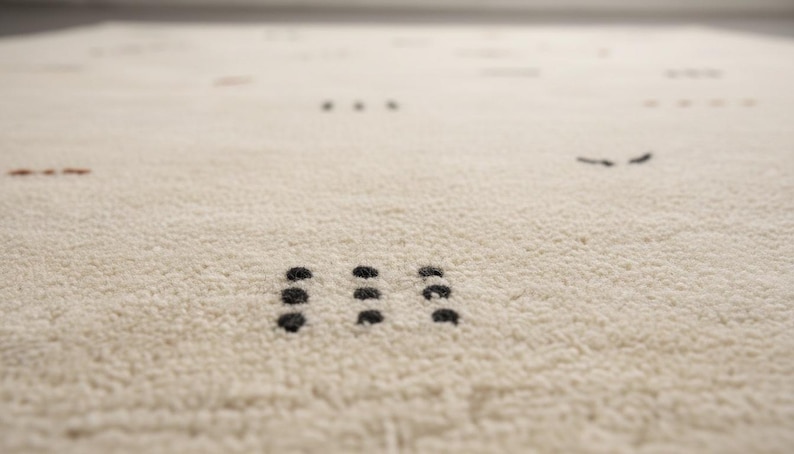 May include: Close-up of a cream-colored rug with a textured surface. The rug features a pattern of small, dark dots and dashes scattered across the surface. The dots are arranged in small groups.