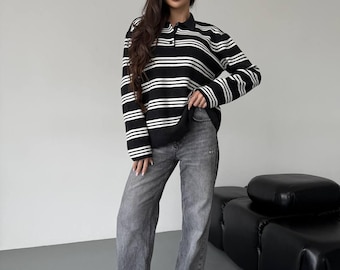 Weicher Strickpullover mit Kragen, Damen Oversize Pullover, Strickpullover mit V-Ausschnitt - Moderne Strickmode - Winter Pullover Damen