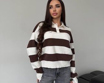 Strickpullover Frauen, Weicher Kragen Pullover, Baumwolle Strickpullover Oversize - Oversized Stylisher Pullover - Kuscheliger Pullover Frauen
