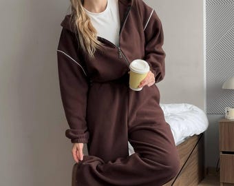 Conjunto de dos piezas de forro polar de doble cara para mujer, cómodo y cálido, para estar en casa en invierno.