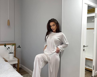 Pajama Cotton Lounge Set for Women, Oversized Long Sleeve Top and Pants, Soft Breathable Homewear Outfit, Minimal Casual Matching Set