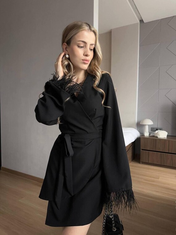 Feather Trim Dress Women, Black White Elegant Dress, Ostrich Feather Party Dress - Coctail Dress - Night Out Outfit Feather Trim Dress Women, Black White Elegant Dress, Ostrich Feather Party Dress - Coctail Dress - Night Out Outfit