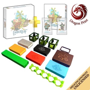 May include: A board game set titled Emberleaf featuring a white game box, two small card packs, and various game components including rectangular boxes in green, yellow, silver, red, black, brown, and blue, plus green plastic frames and a gold cross.