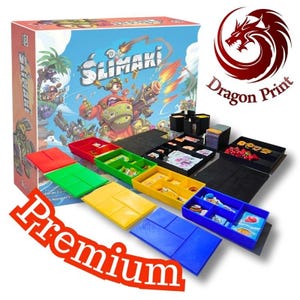 May include: A board game box titled Slimaki featuring a cartoon character with a weapon, accompanied by a set of colorful plastic storage trays in red, green, yellow, and blue, along with black organizers containing various game components and cards.