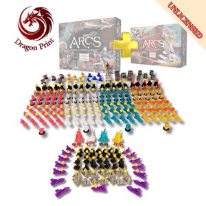 May include: A board game titled "ARCS" with various game pieces in red, white, blue, yellow, and purple. The game box features illustrations of futuristic vehicles and characters. The Dragon Print logo is visible.