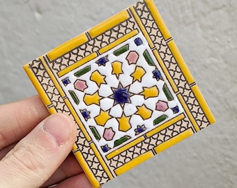 Small Sevillian tile in Cuerda Seca technique 7.5 cm (3") – Handmade - Seville - Mudéjar Art - Alcalá de Guadaíra - Alhambra Style -