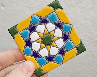Small Sevillian tile in Cuerda Seca technique 7.5 cm (3") – Handmade - Seville - Mudéjar Art - Alcalá de Guadaíra - Alhambra Style -