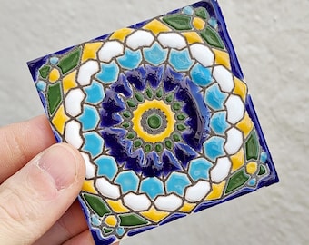 Small Sevillian tile in Cuerda Seca technique 7.5 cm (3") – Handmade - Seville - Mudéjar Art - Alcalá de Guadaíra - Alhambra Style -