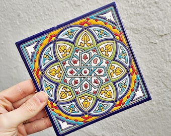 Sevillian tile 15 cm (6") in Cuerda Seca technique – Handmade in Seville - Spain - Mudejar art from Alcalá de Guadaíra - Alhambra style -