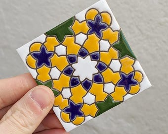 Small Sevillian tile in Cuerda Seca technique 7.5 cm (3") – Handmade - Seville - Mudéjar Art - Alcalá de Guadaíra - Alhambra Style -
