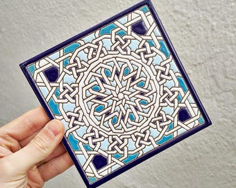Sevillian tile 15 cm (6") in Cuerda Seca technique – Handmade in Seville - Spain - Mudejar art from Alcalá de Guadaíra - Alhambra style -