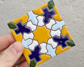 Small Sevillian tile in Cuerda Seca technique 7.5 cm (3") – Handmade - Seville - Mudéjar Art - Alcalá de Guadaíra - Alhambra Style -
