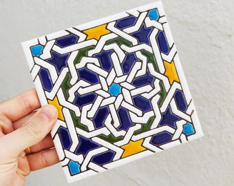 Sevillian tile 15 cm (6") in Cuerda Seca technique – Handmade in Seville - Spain - Mudejar art from Alcalá de Guadaíra - Alhambra style -