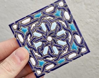 Small Sevillian tile in Cuerda Seca technique 7.5 cm (3") – Handmade - Seville - Mudéjar Art - Alcalá de Guadaíra - Alhambra Style -