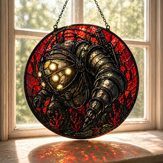 Bioshock Stained Glass Suncatcher, Bioshock Glass Decor, Deep Sea Game Room Glass Decor, Game Window Hanging, Gamer Gift, Gift for Decor