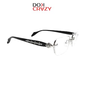 Gafas de lectura sin montura - Montura plateada con cruz gótica - Gafas de lujo estilo hip hop Y2K - Gafas estéticas con lentes transparentes para hombres y mujeres