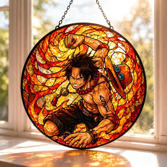 Ace Fire Fist Stained Glass Suncatcher, One Piece Flame Glass Decor, Round Pirate Window Hanging, Manga Fan Gift, Anime fan decor
