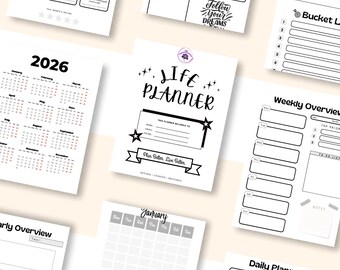 May include: A collection of white planner pages with black text. The pages include a 2026 calendar, a "Life Planner" page, a "Weekly Overview" page, and a "Bucket List" page. The pages are arranged on a light beige surface.