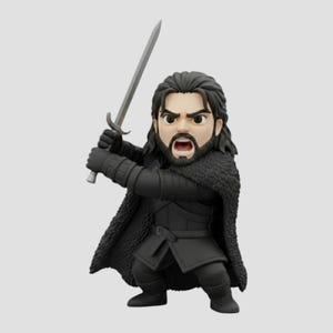 Pode incluir: Uma estatueta de Jon Snow de Game of Thrones em pose de batalha. A figura está vestida com uma armadura preta e uma capa com forro de pele, segurando uma espada de prata. O personagem tem uma expressão severa com a boca aberta.