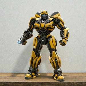 Puede incluir: Figura detallada de robot amarillo y negro con un brazo en forma de pistola y ojos azules brillantes. El robot está de pie sobre una superficie de madera contra un fondo neutro. Es un objeto de colección.