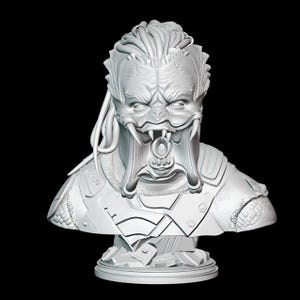 May include: A detailed, white Predator bust sculpture. The sculpture features the Predator's distinctive mandibles, dreadlocks, and armor. The bust is mounted on a circular base, showcasing intricate details and textures.