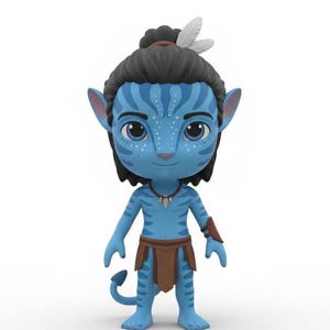 May include: A blue figurine of a Na'vi character from the movie Avatar. The figure has a blue skin tone with white dots, black hair, and a tail. It wears a brown loincloth and arm band, and a necklace. Two white feathers are in the hair.