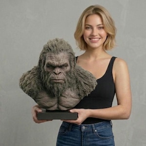 Op de afbeelding: Gedetailleerde buste van een Sasquatch, met getextureerde, grijze vacht en een strenge uitdrukking. De sculptuur is gemonteerd op een zwarte rechthoekige basis. De buste wordt door een persoon vastgehouden.