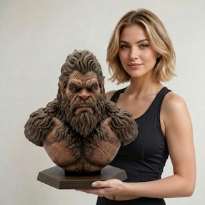 Op de afbeelding: Gedetailleerde buste van een Bigfoot-wezen, met een bruine, vachtachtige textuur en een strenge uitdrukking. De sculptuur is gemonteerd op een donkerbruine vierkante basis. De persoon draagt een zwart topje.