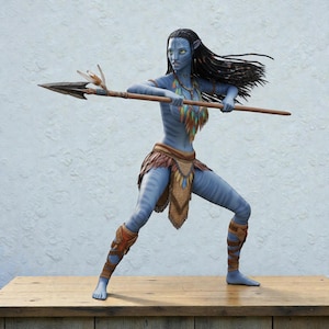 May include: A blue figure with striped skin, holding a spear with a metal arrowhead and feathers. The figure is wearing a brown skirt, a necklace, and leg and arm bands. The figure is posed in a stance as if ready to strike.