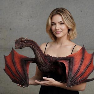 Może przedstawiać: Szczegółowa, czerwono-brązowa figurka smoka z rozłożonymi skrzydłami. Smok jest trzymany przez osobę w czarnej sukience. Skrzydła smoka są w żywym czerwonym kolorze z ciemniejszym cieniowaniem. Tło jest neutralnie szare.