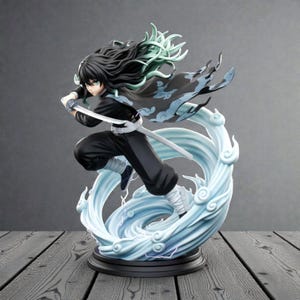 May include: A dynamic figurine of a character in a fighting pose, wielding a sword. The figure has long black hair with green highlights and wears a black outfit with a flowing cape. The base features swirling blue water effects.
